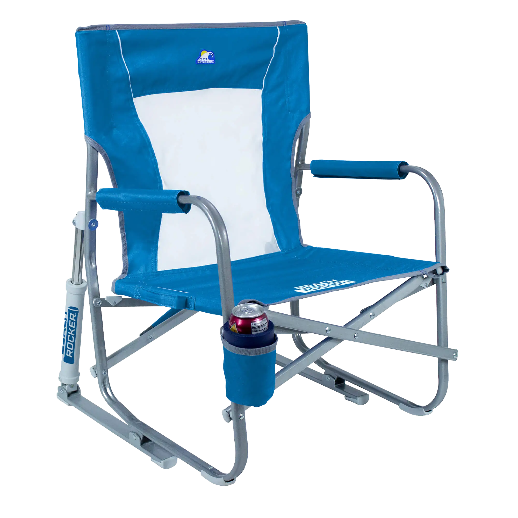 Premium All-Weather Beach Rocker Bundle - Choice 773 - Heavy-Duty Kickback Rocker with Beverage Holder Detail