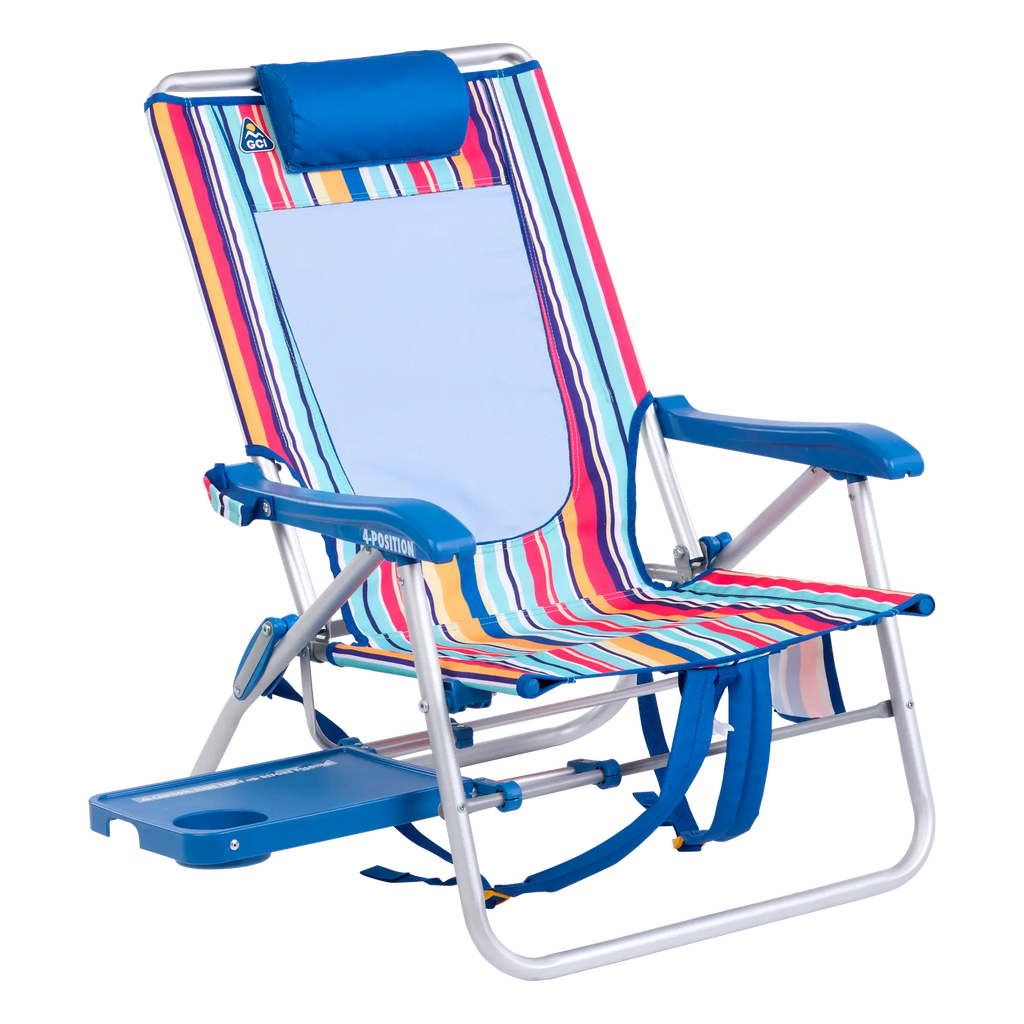 Reclining Beach Big Surf with Slide Table - Choice 334 - Portable Heavy-Duty Low Boy Chair for Ocean Side - Multi Stripe