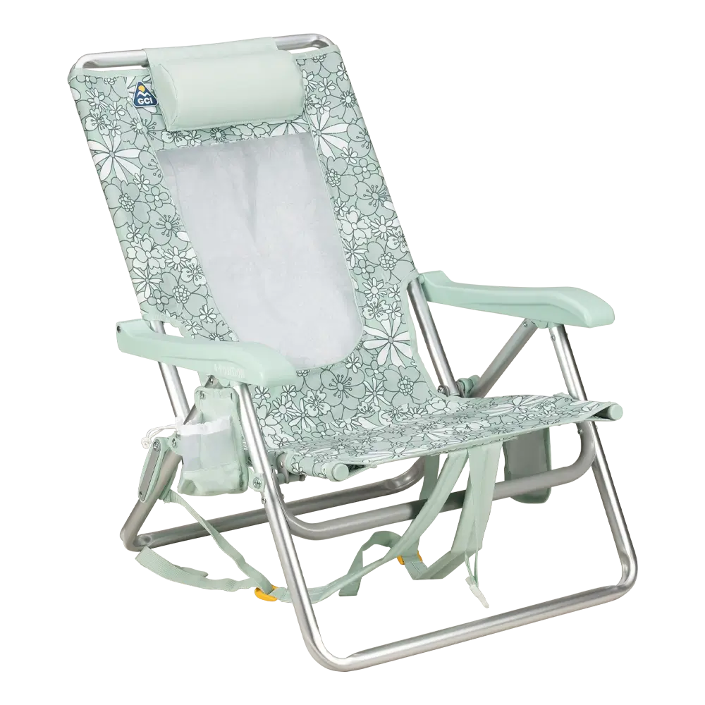 Low-Profile Backpack Beach Chair - Choice 709 - Low-Profile Reclining Beach Chair with Backpack Straps - Floral Pastel Green