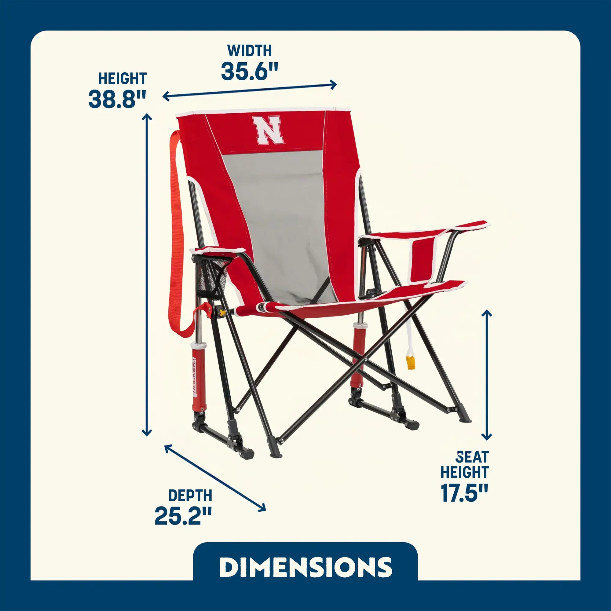 Heavy-Duty Freestyle College Comfort Pro Rocker - Nebraska Cornhuskers - Choice 161 - RoadTrip Rocker Smooth Motion Camp Chair Detail