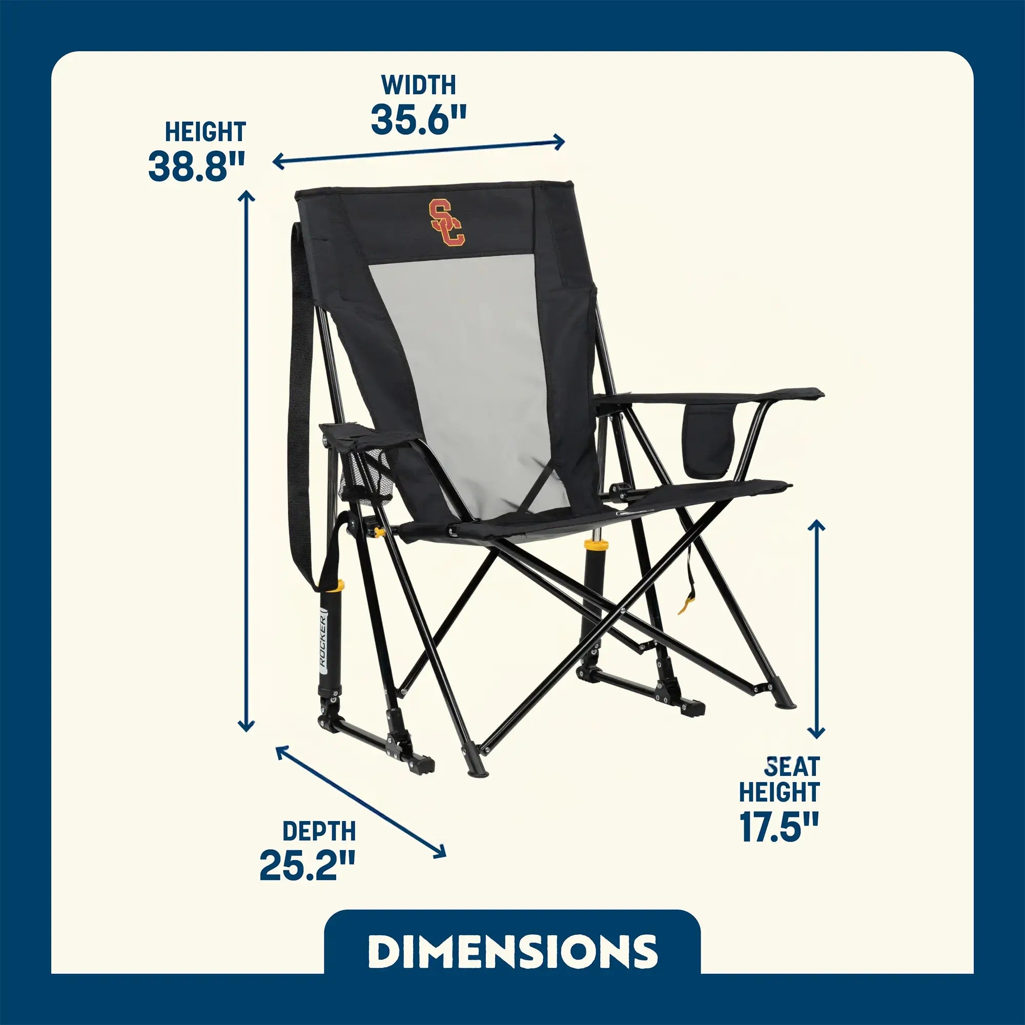 Luxury Camp College Comfort Pro Rocker - USC Trojans - Choice 856 - Patented Spring-Action Rocking Chair for Camping Detail