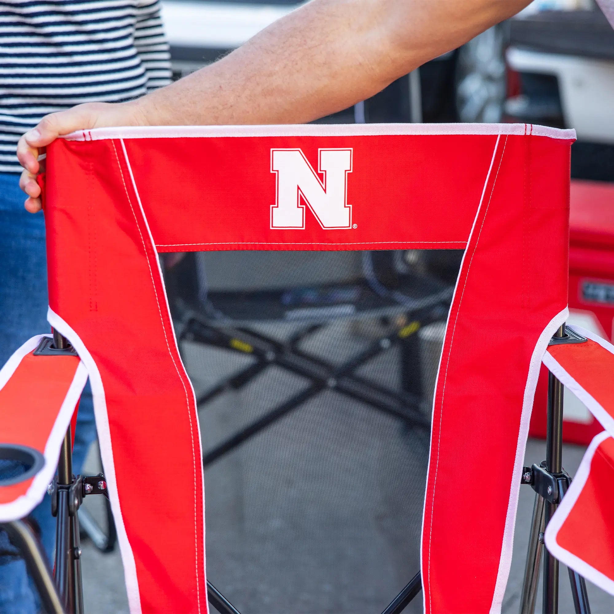 Heavy-Duty Freestyle College Comfort Pro Rocker - Nebraska Cornhuskers - Choice 161 - RoadTrip Rocker Smooth Motion Camp Chair Detail