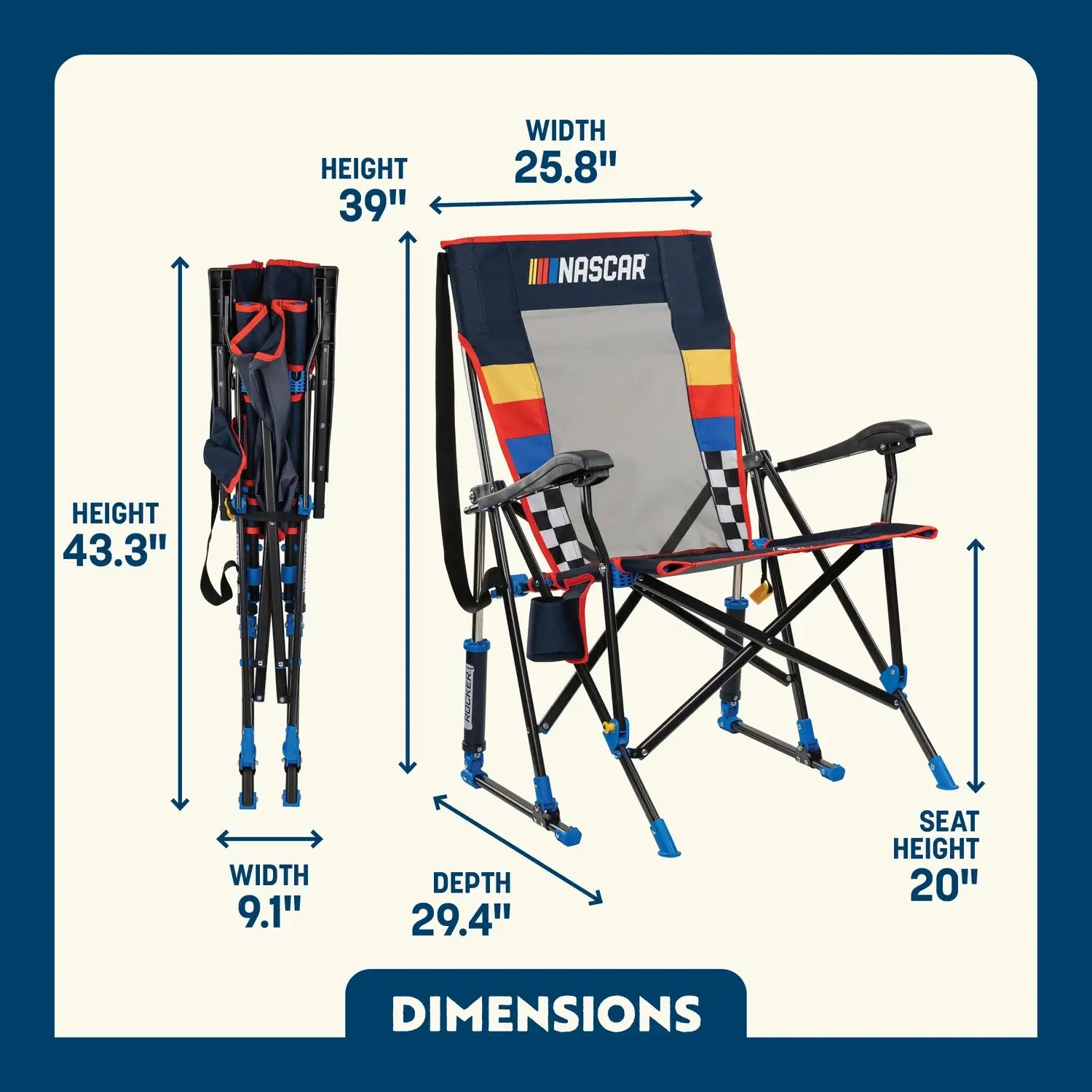 Premium All-Weather RoadTrip Rocker - NASCAR For Him - Choice 453 - Patented Spring-Action Rocking Chair for Camping Detail