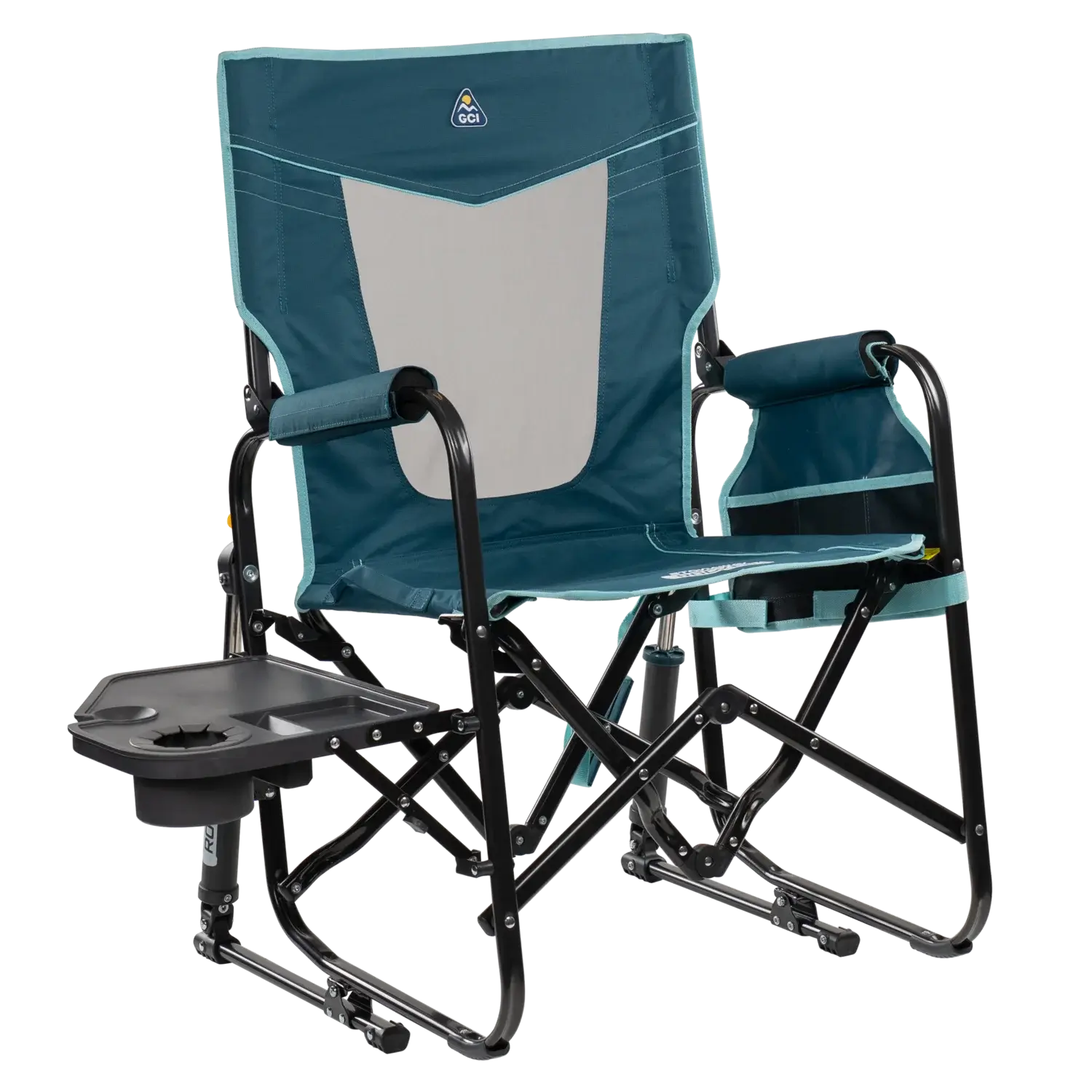 Luxury Camp Stowaway Rocker with Side Table - Choice 253 - Freestyle Rocker Portable Outdoor Folding Chair - Teal